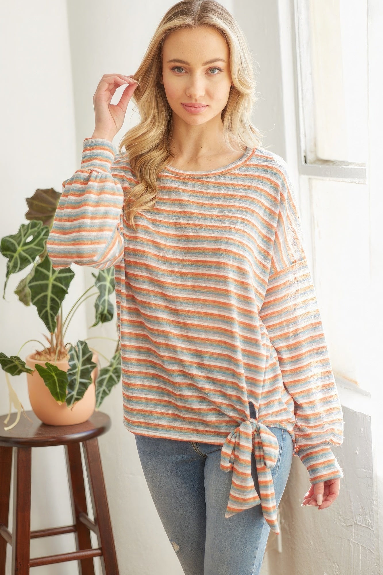 Striped Self Tie Longsleeve Top