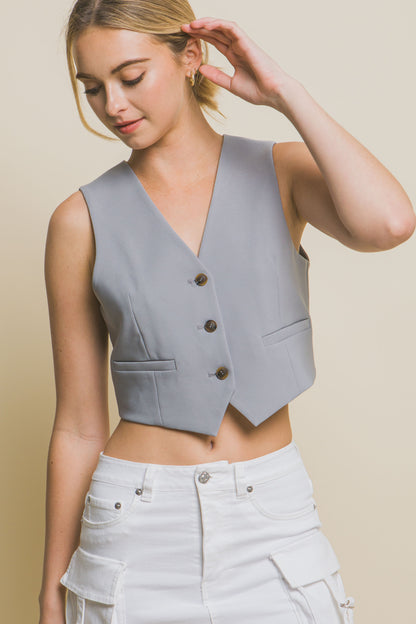 Cropped Blazer Vest With Button- Up